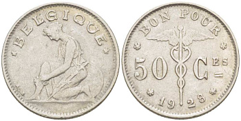 БЕЛЬГИЯ 50 САНТИМОВ 1928 BELGIQUE KM 87 никель 100-1039