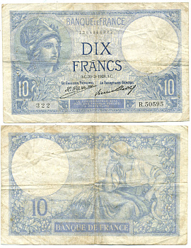 ФРАНЦИЯ 10 ФРАНКОВ 1928 Pick 73d бумага 7551-26-3-1