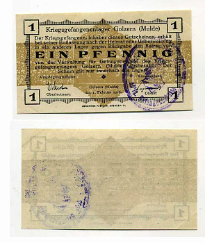 Германия 1 пфенниг 1916 Голцерн (Мюльде), лагерь военнопленных C-3010 бумага UNC (пресс) 504-77-2-1