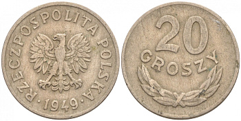 ПОЛЬША 20 ГРОШЕЙ 1949 KM 43 медно-никель 4516-246