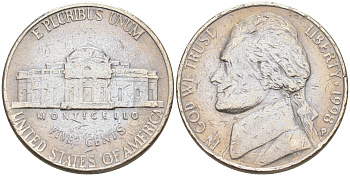 США 5 ЦЕНТОВ 1998 P ДЖЕФФЕРСОН KM A192 медно-никель 190-224