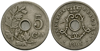 Бельгия 5 сантимов 1905 Belgie KM 55 медно-никель 4173-135