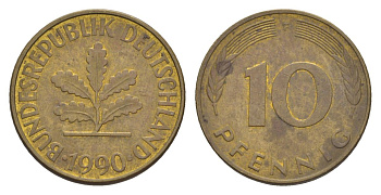 ФРГ 10 пфеннигов 1990 F KM 108, J. 383 сталь плакированная латунью 4627-125