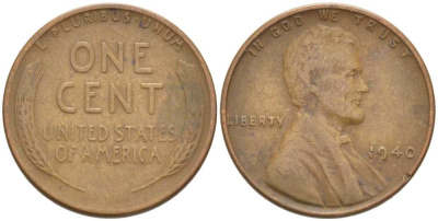 США 1 ЦЕНТ 1940 ЛИНКОЛЬН KM 132 бронза 218-369