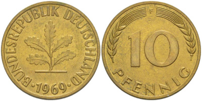 ФРГ 10 ПФЕННИГОВ 1969 F KM 108, J. 383 сталь плакированная латунью 219-433