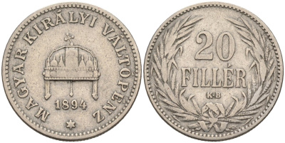 Венгрия 20 филлеров 1894 КВ, Франц Иосиф I (1848-1916) KM 483 никель 4584-121