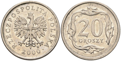 Польша 20 грошей 2000 MW KM 280, Parchimowicz 705h медно-никель 4580-668
