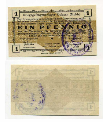 Германия 1 пфенниг 1916 Голцерн (Мюльде), лагерь военнопленных C-3010 бумага UNC (пресс) 504-77-2-1