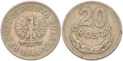 ПОЛЬША 20 ГРОШЕЙ 1949 KM 43 медно-никель 4516-246