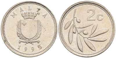 Мальта 2 цента 1995 оливковая ветвь KM 94 медно-никель 218-1233
