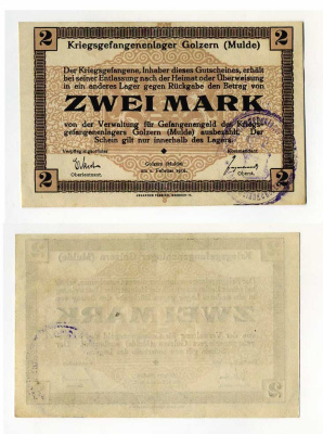 Германия 2 марки 1916 Голцерн (Мюльде), лагерь военнопленных, без водяных знаков C-3016 бумага UNC (пресс) 504-77-3-2