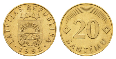 Латвия 20 сантимов 1992 KM 22.1 никель латунь UNC 4679-315