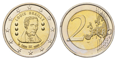 Бельгия 2 евро 2009 200 лет со дня рождения Луи Брайля KM 288 биметалл UNC 4693-1023