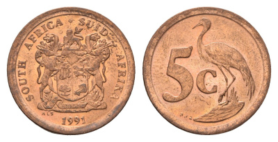 ЮАР 5 центов 1991 герб, райский журавль KM 134 сталь плакированная медью UNC 4687-149