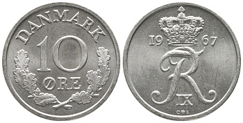 Дания 10 эре 1967 C; S, Фредерик IX (1947-1972) KM 849.1 медно-никель UNC 100-1146