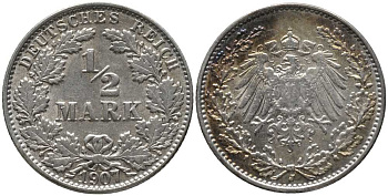 ГЕРМАНИЯ 1/2 МАРКИ 1907 J KM 17, J. 16, Weege 16 серебро 4448-753