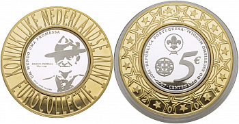 Португалия 5 евро 2007 100 лет движения скаутов, Роберт Баден-Пауэлл (1857-1941), коллекция Нидерландского монетного двора KM 770 a серебро PROOF 1068-8-21