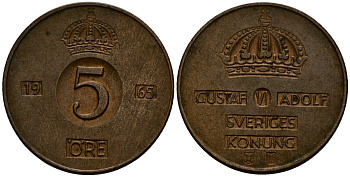 Швеция 5 эре 1965 Густав VI Адольф (1950-1973) KM 822 бронза 4165-941