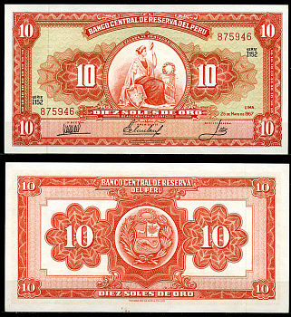 Перу 10 солей 1967 сидящая свобода, Thomas de la Rue Pick 84 a  бумага  аUNC 444-117-2-2