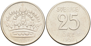 Швеция 25 эре 1952 TS, Густав V (1907-1950) KM 824 серебро 4588-528