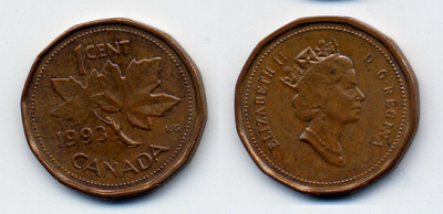 Канада 1 цент 1993 Елизавета II (1952-2022), кленовый лист KM 181 бронза 54-143