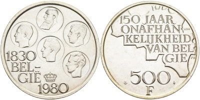 Бельгия 500 франков 1980 150 лет независимости, Belgie, Бодуэн I (1951-1993) KM 162 медно-никель покрытый серебром  4368-233