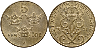 Швеция 5 эре 1931 Густав V (1907-1950) KM 779.2 бронза 4394-923