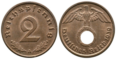 Германия 2 рейхспфеннига 1939 A KM 90, J. 362 бронза 220-555