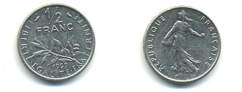 ФРАНЦИЯ 1/2 ФРАНКА 1969 KM 931.1 никель 80-868