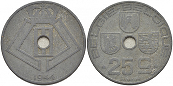 БЕЛЬГИЯ 25 САНТИМОВ 1944 BELGIE-BELGIQUE, ГЕРМАНСКАЯ ОККУПАЦИЯ, ВТОРАЯ МИРОВАЯ ВОЙНА KM 132 цинк 4529-1132