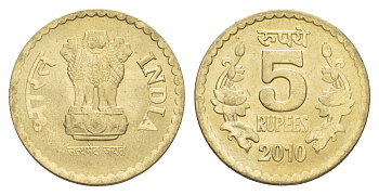 Индия 5 рупий 2010 KM 373 никель латунь UNC 4650-1214