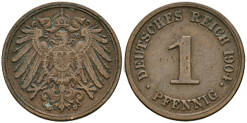 Германия 1 пфенниг 1904 G, Вильгельм II (1888-1918) KM 10, J. 10 медь 4608-232