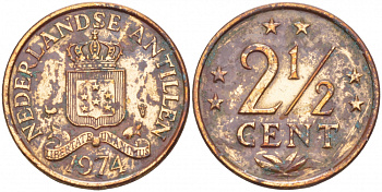 Нидерландские Антилы 2 1/2 цента 1974 Юлиана (1948-1980) KM 9 бронза 4548-114