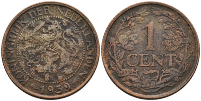 Нидерланды 1 цент 1939 Вильгельмина I (1890-1948) KM 152 бронза 4564-117