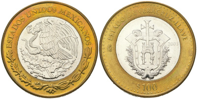 Мексика 100 песо 2003 180 лет Федерации - Веракрус KM 690 биметалл, серебро BU 00-1067-10-53