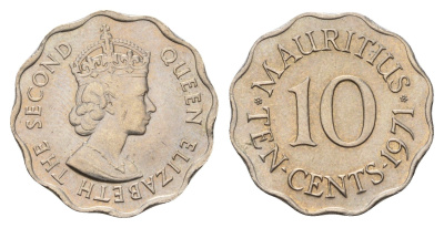 Маврикий 10 центов 1971 Елизавета II (1952-2022) KM 33 медно-никель UNC 84-544