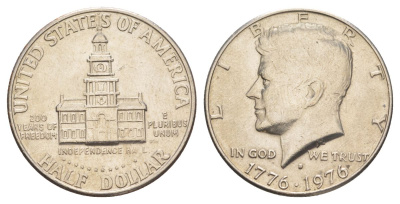 США 1/2 доллара (50 центов) 1976 D, 200 лет независимости, Джон Кеннеди KM 205 медь плакированная медно-никелем aUNC 4545-1226