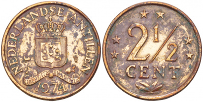 Нидерландские Антилы 2 1/2 цента 1974 Юлиана (1948-1980) KM 9 бронза 4548-114