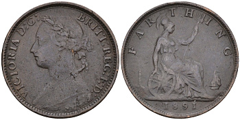Великобритания 1 фартинг 1891 Виктория (1837-1901) KM 753, Spink 3958 бронза 4585-137