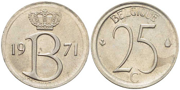 БЕЛЬГИЯ 25 САНТИМОВ 1971 BELGIQUE, БОДУЭН I (1951-1993) KM 153.1 медно-никель 214-436