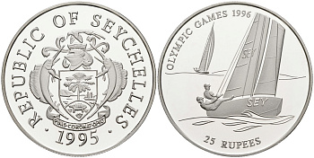 Сейшельские острова 25 рупий 1995 олимпийские игры 1996 года в Атланте, регата, тираж 30000 экз. KM 80 серебро PROOF 1095-10-34