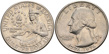 США 25 центов = квотер 1976 D, 200 лет независимости (1776-1976), Вашингтон, барабанщик KM 204 медь плакированная медно-никелем 4586-355