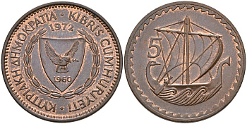 Кипр 5 милсов 1972 парусник KM 39 бронза 4571-1017