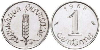 ФРАНЦИЯ 1 САНТИМ 1968 KM 928, LE FRANC 106.15 нержавеющая сталь UNC 112-565