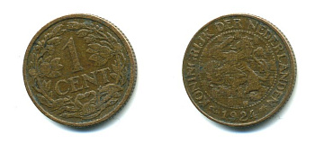 НИДЕРЛАНДЫ 1 ЦЕНТ 1924 ВИЛЬГЕЛЬМИНА (1890-1948), РЕДКИЙ ГОД KM 152 бронза 35-1319