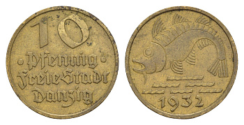 Данциг 10 пфеннигов 1932 рыба J. D 13, KM 152 алюминиевая бронза 4651-1043