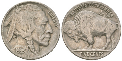 США 5 центов 1935 индеец, бизон KM 134 медно-никель 4614-1214