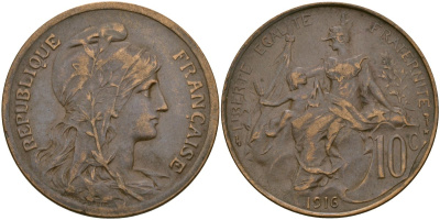 Франция 10 сантимов 1916 KM 843, Le Franc 163.28 бронза 4165-1125