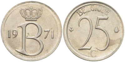 БЕЛЬГИЯ 25 САНТИМОВ 1971 BELGIQUE, БОДУЭН I (1951-1993) KM 153.1 медно-никель 214-436