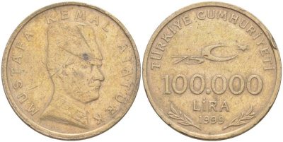 ТУРЦИЯ 100000 ЛИР 1999 75 ЛЕТ РЕСПУБЛИКЕ KM 1078 медь никель цинк 4551-1217